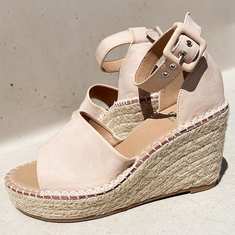 NEW Sand Nude Faux Leather Ankle Buckle Strap Espadrille Platform Wedge Sandals